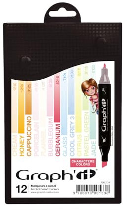 GRAPH’IT Marker Set de 12 marqueurs à alcool double pointe pour dessin de manga et illustration, pointe fine et biseautée - Set Manga 2