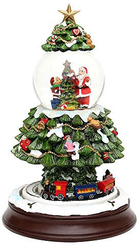 Dekohelden24 XXL Schneekugel, Weihnachtsbaum mit Eisenbahn und Schneewirbel, L/H/B 17 x 17 x 27,5 cm Kugel Ø 8,5 cm