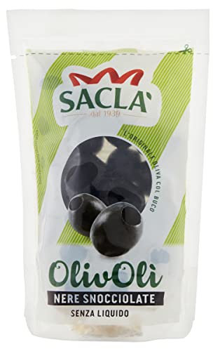 Saclà, OlivOlì, Olive Nere Snocciolate, Ideali per Insalate e per Arricchire i Tuoi Piatti, Busta, 75g, Senza Liquido, Confezione da 24 pezzi