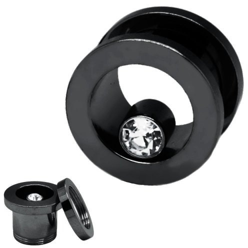 Soul-Cats 1 STK. Flesh Tunnel mit Kristall Stein schwarz Größe:8 mm;Tunnelfarbe:schwarz