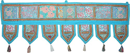 Ethnische indische Heimdekoration Patchwork & Stickerei Wandteppich, 99,1 x 33 cm Türkis