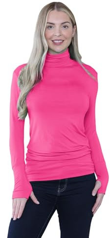 janisramone® Plain Long Sleeve Gym Tops Women with Thumb Hole and High Polo Neck, Plain Stretch Running Top Womens, Pull Over Soft Yoga Tops for Women UK Cerise
