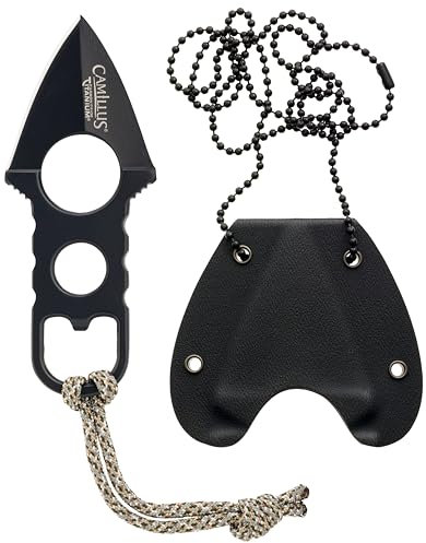 Camillus,19238,Heater AA8Messer, NeckKnife inklusive Scheideund Kette, 4,3 cm CarbonitrideTitanium 440 Stahlklinge, Stahlgriff, schwarz, 10,9 cm