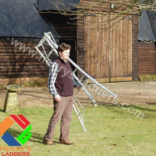 Henrys Tripod Garden Ladders with Built-in Platform by Henchman - 10' Semi (1 Leg) Adjustable). Lightweight Aluminium Garden Maintenance, Hedge Cutting, Tree Trimming, Fruit Picking, Topiary Ladder