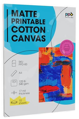 PPD A4 x 10 Blatt Inkjet Canvas Bedruckbares Fotopapier 340g Weiss, Matt, 100% Baumwolle PPD-83-10
