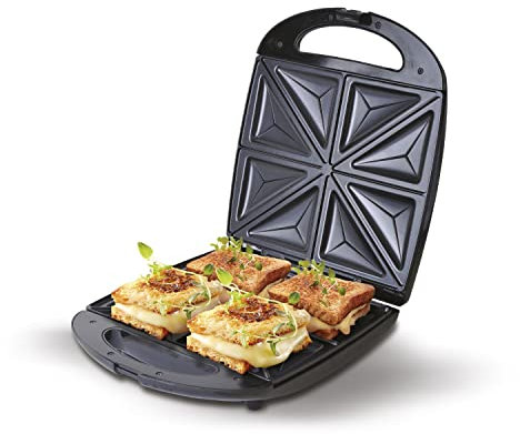 CAMRY CR-3023 Sandwichera eléctrica XL para 4 sandwiches, placas antiadherentes en forma de triángulo, Negra, 1500W