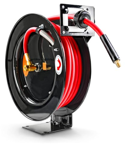 ReelWorks l815153a Acciaio Retrattile compressore d'Aria/Acqua avvolgitubo con 3/8 x 50' Flessibili in Gomma, Max. 300 psi