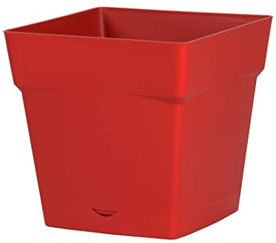 EDA - Pot de Fleurs Carré Toscane 10,2 L - Soucoupe Clipsée avec Réserve d'eau - 24,8 x 24,8 x 24,6 cm - Rouge Rubis