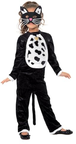 Smiffys Cat Costume, Black with Bodysuit, Bell & Mask, Halloween Child Fancy Dress, Cat Dress Up Costumes