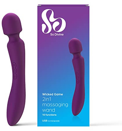 So Divine Wicked Game Magic Wand Purple Massaging Classic Vibrator, 3 speed options + 7 pulsating passion patterns, Waterproof, USB rechargeable.