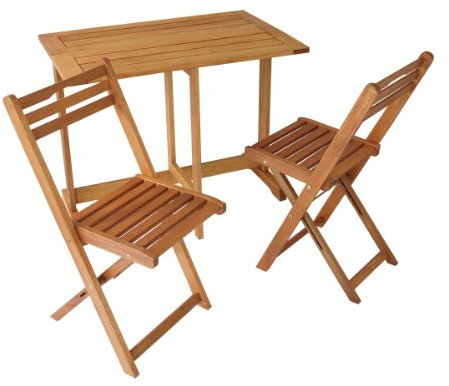 DEGAMO Balkonset 3-teilig aus Eukalyptus, 2X Klappstuhl, 1x Klappentisch 90x60cm, Eukalyptus Holz braun geölt, klappbar, Outdoor
