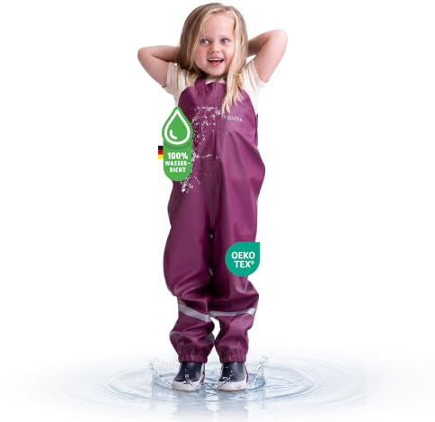 BMS® Regenhose für Kinder mit Latz, ideale Matschhose und Buddelhose | 100% wasserdicht, besonders hautfreundlich und weich Softskin, Oeko-Tex, strapazierfähig, langlebig für Mädchen, Jungen