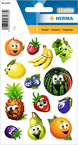 HERMA 3233 Aufkleber Früchte klein, 13 Stück, Wackelaugen Sticker mit Ananas Melone Banane Kürbis Zitrone Pflaume Erdbeere Orange Trauben Himbeere Birne Blaubeere Motiv, Kinder Etiketten mit Gesichter