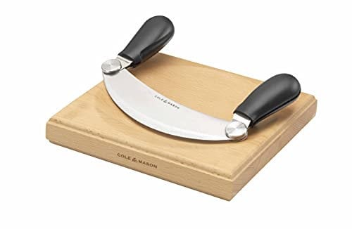 Cole & Mason H105549 Woodhall Hachoir y Tabla de Cortar, Tablero de Corte Para Hierbas y Especias con Mezzaluna, Madera/Acero Inoxidable, Apto Para Lavavajillas (Solo Cuchillo)