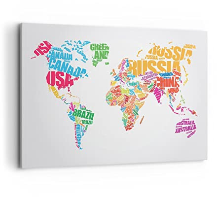 Wandbilder Dekoration Wohnzimmer Karte Worte Welt Geographie Bilder auf Leinwand 120x80cm Leinwandbild Schlafzimmer Deko Wand Kunstdruck Art Groß XXL Wanddeko Bild Wall Decor Canvas AA120x80-2860