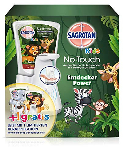 Sagrotan KIDS No-Touch Automatischer Seifenspender für Kinder inkl. Nachfüller Entdeckerpower und Sticker, Flüssige Handseife, 1er Pack (1 x 250ml)