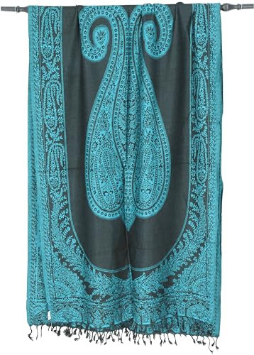 GURU SHOP Pashmina-Viskose Schal, Indische Stola mit Paisley Muster, Herren/Damen, Petrol, Synthetisch, Size:One Size, 200x70 cm