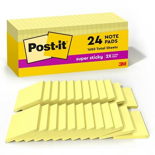 Post-it Super Sticky Notes, 24 Haftnotizblöcke, 7,6 x 7,6 cm, Schulbedarf für Studenten, ideal für Lehrbücher, Notizbücher, Wände und vertikale Oberflächen, Kanariengelb