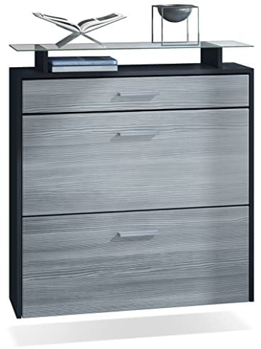 Vladon Schuhschrank Malea, hängender Schuhkipper für 16 Paar Schuhe mit 2 Klappen und 1 Schublade und Glasablage, Schwarz matt/Avola-Anthrazit (89 x 96 x 23 cm)