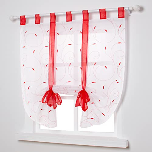 SIMPVALE Rideau de Fenetre Broderie Stores Romain Voilages Décoration Para Chambre Balcon Cuisine, Rouge, 60cmx140cm