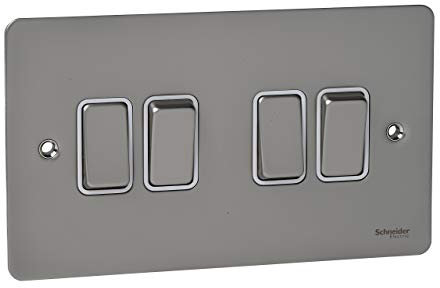 Schneider Electric Ultimate Flat Plate - 4 Gang 2 Way Light Switch, 10AX, GU1242WPN, Pearl Nickel with White Insert