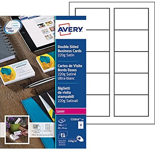 AVERY - Pochette de 100 cartes de visite à bords lisses imprimables recto/verso. En carte blanche satinée 220g/m². Format 85 x 54 mm. Impression laser. (C32016-10)
