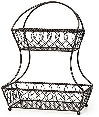 Gourmet Basics by Mikasa Loop and Lattice 2-Tier Flatback Metal Fruit Basket, Antique Black