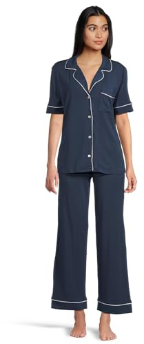 Eberjey Gisele Classic Women's Pajama Set | Short Sleeve Button Down Shirt with Front Pocket, Long Pants with Elastic Waist Navy/Ivory