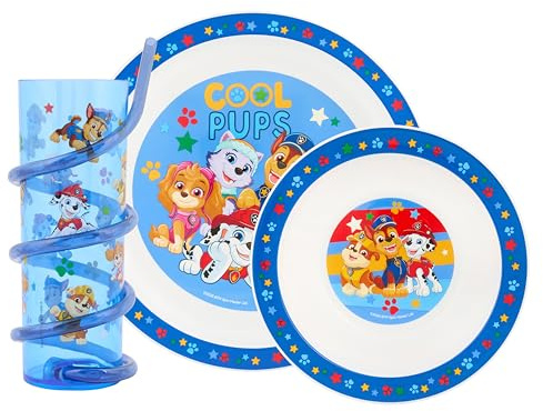 Paw Patrol Set da tavola da 3 pezzi – include piatto, ciotola e bicchiere con cannuccia Twisty con Chase, Marshall, Rubble, Skye ed Everest dai 48 mesi in su