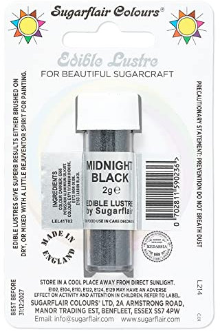 Sugarflair Midnight Black Edible Lustre Dust, Add a Lustrous Shine to Cakes or Decorations. Brush On or Add Rejuvenator to Create Eye-Catching Edible Paint, Gives Shine to Your Bakes - 2g
