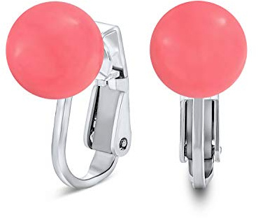 Gemma Rosa Agata Pesca Simulato Corallo Palla Rotonda Stud Clip Su Orecchini Per Le Donne Non Piercing .925 Sterling Silver