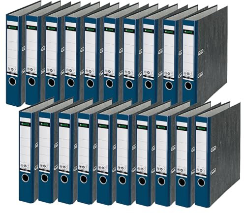 Leitz Qualitäts-Ordner, 20er Pack, das Original, DIN A4 Aktenordner schmal, 5 cm breit, Wolkenmarmor-Papier, Recycling-Ordner, Blauer Engel, Mit 180° Mechanik, Höchste Stabilität, Blau, 10505035