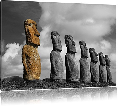 Pixxprint schöne Moai Statuen B&W, Größe: 120x80cm, Leinwandbild, fertig gespannt, Wandbild, Dekoration, Kunstdruck, kein Poster