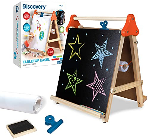 Discovery™ 3-in-1 Tabletop Dry Erase Chalkboard Painting Art Easel, Includes Paper Roll and Oversized Clip, 17 x 15 Inch Wood Frame, Perfect for Children 3+ | Foldable/Portable for Countertop Play