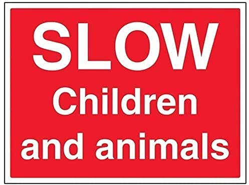 VSafety Schild mit englischer Aufschrift „Slow, Children And Animals“ – Querformat – 400 mm x 300 mm – 1 mm starrer Kunststoff