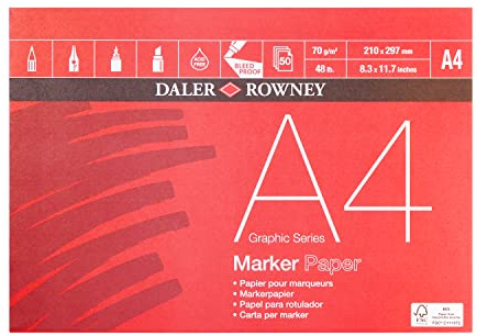 Daler-Rowney Graphic Series Marker 70gsm A4 Paper Pad, Smooth Surface, Glued 1 Side, 50 White Sheets, Ideal for Professional Artists & Students