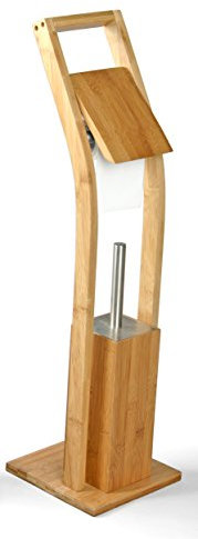 MSV WC Garnitur aus Bambus Toilettenpapierhalter aus Holz mit separatem Kunststoffbehälter Standgarnitur mit Toilettenbürste und Klorollenhalter