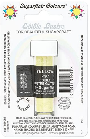Sugarflair Yellow Edible Lustre Glitter, Add a Lustrous Shine to Cakes or Decorations. Brush On or Add Rejuvenator to Create Eye-Catching Edible Paint - 2g