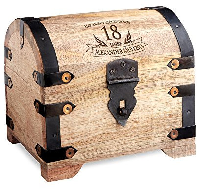Casa Vivente Schatztruhe mit Gravur zum 18. Geburtstag, Personalisiert mit Namen, Aufbewahrungsbox helles Holz, Verpackung für Geld und Gutscheine, Schatzkiste zur Volljährigkeit