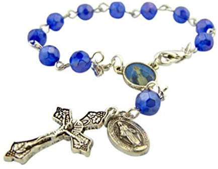 Katholisches Geschenk Our Lady of Grace Mary Reiseschutz 6 mm blaue Glasperle 5 3/4 Zoll Rückspiegel Auto LKW Auto Rosenkranz