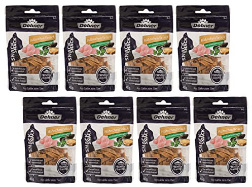 Dehner Premium Katzensnack, Leckerli glutenfrei, für ausgewachsene / sensible Katzen, Hähnchenfleischstreifen, 8 x 45 g (360 g)