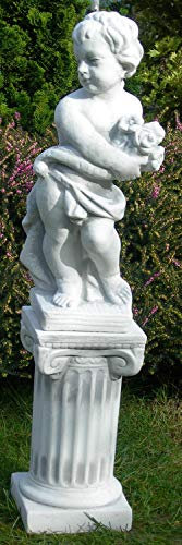 Deko Garten Figur Statue Putte Vierjahreszeiten Frühling auf ionischer Säule als Satz Skulptur aus Beton Gesamthöhe 84 cm