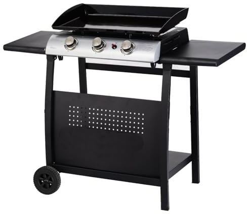 Gas BBQ 3 Burner Plancha in Stainless Steel with Stand and Side Tables