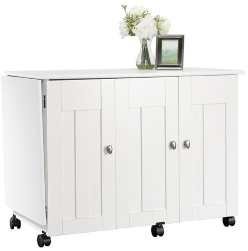 Sauder Folding SewingTable & Craft Cart Storage Cabinet, in Soft White