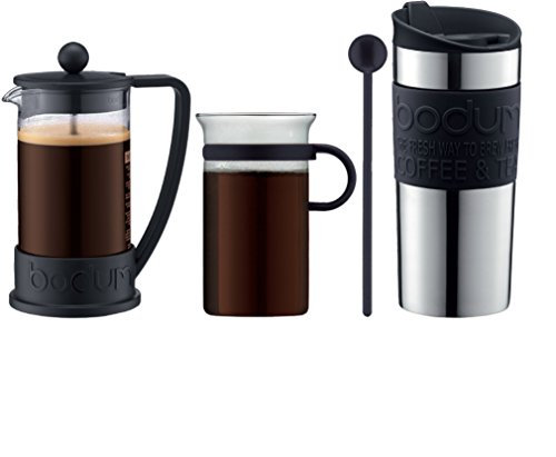 Bodum - K10948-01 - Brazil Set - Cafetière à Piston 3 Tasses - 0.35 L + Mug de Voyage Isotherme Inox 0.35 L + Tasse Verre avec Anse 0.3 L + Mélangeur 20 cm, Noir