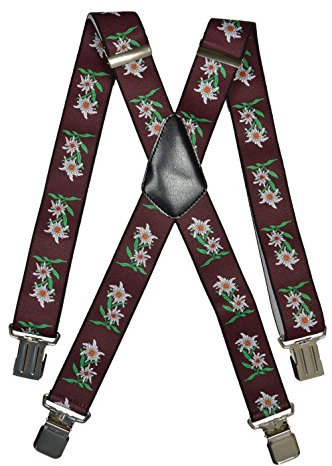 Olata Heavy Duty Herren-Hosenträger X-Form mit Edelweiß Muster – 4 cm. Burgund