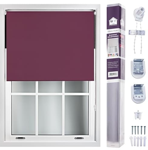 FURNISHED Roller Blinds Window Blackout Blind - 100% Black Out Thermal Fabric Easy Fit Fittings - Custom Made to Measure Blackout Blind Bedroom Bathroom Kitchen, Aubergine, Up to 180W x 165H cm