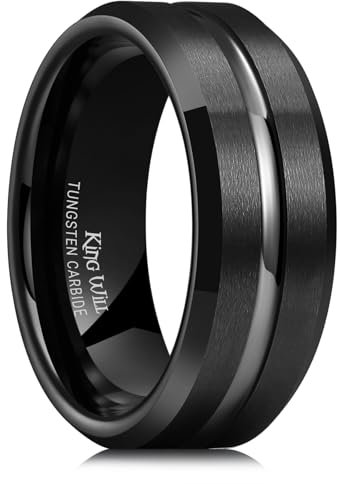 King Will Classic 8mm Black Tungsten Carbide Wedding Band Ring Polished Finish Grooved Center Comfort Fit U 1/2(10.5)