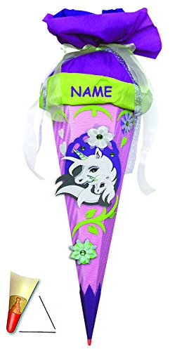 alles-meine.de GmbH BASTELSET - Schultüte - Unicorn/Einhorn - 85 cm incl. Namen - mit Holzspitze - Zuckertüte zum selbst Basteln - ALLE Größen - 6 eckig - Einhörner Pferde mit ..