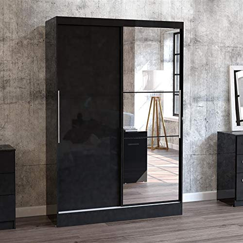 Happy Beds Lynx 2 Door Sliding Mirrored Wardrobe Wood Bedroom Furniture Storage Black